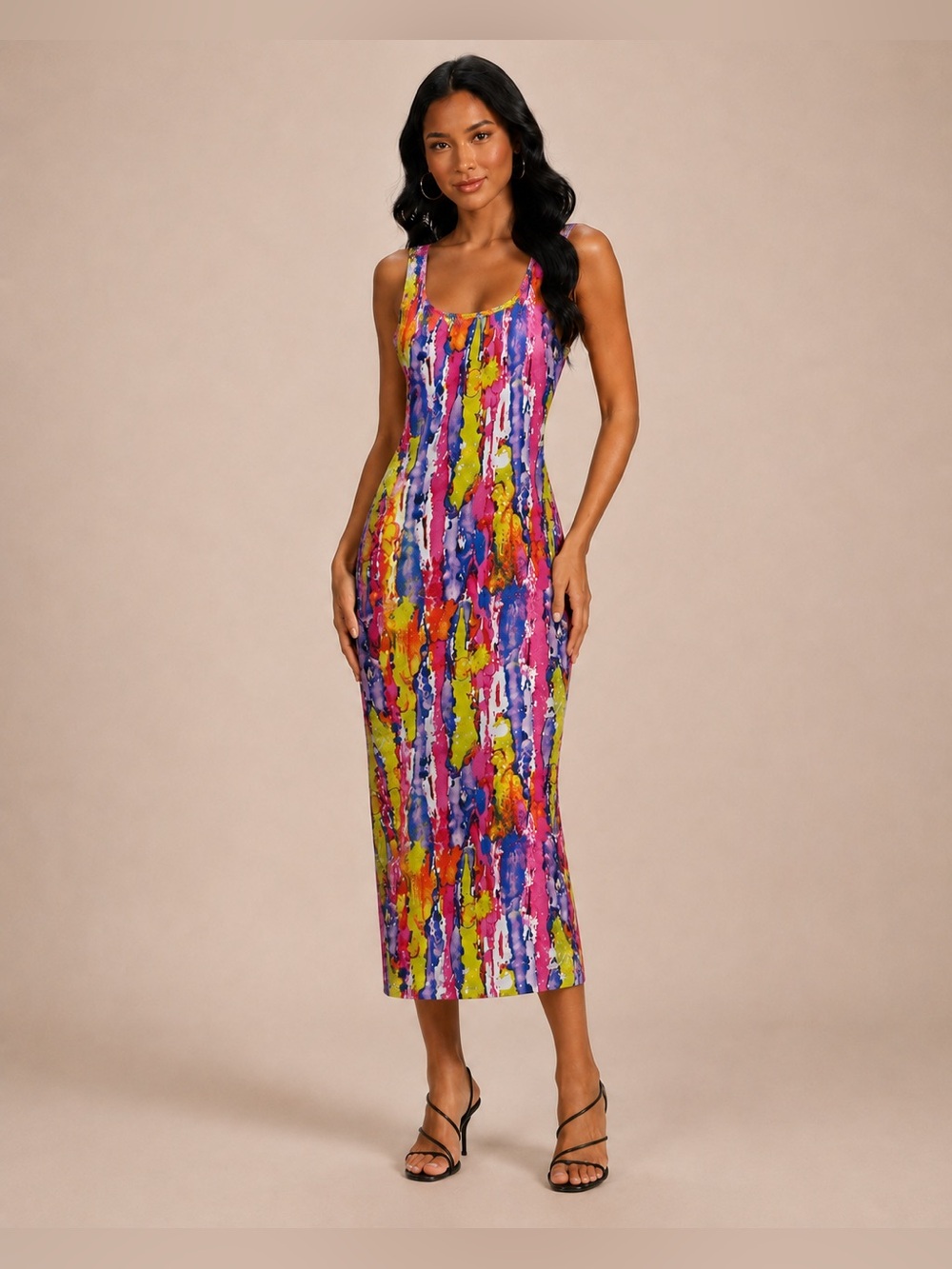 love Women Multicolor Abstract Print Sleeveles Midi Dress Scoop Neck Bodycon